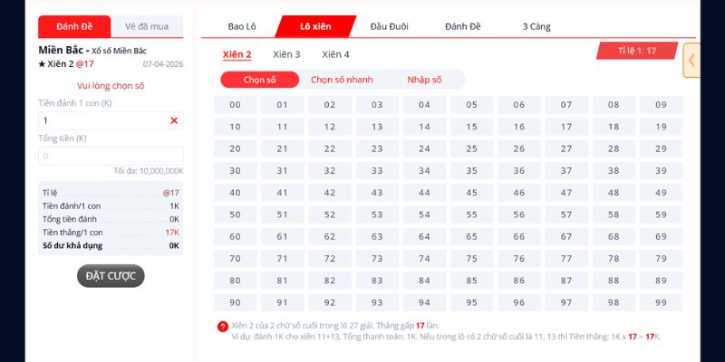 Có nhiều loại lô xiên để người chơi chọn lựa