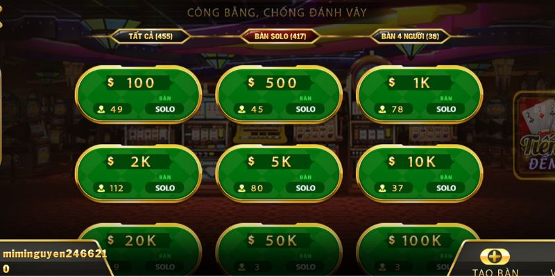 Nhiều bàn chơi với đa dạng mức cược khác nhau trong tiến lên đếm lá